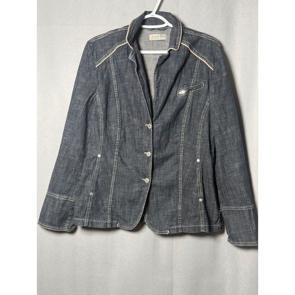 Canda Womens Dark Wash Denim Blazer Jacket Blue Contrast Piping Size 18 UK